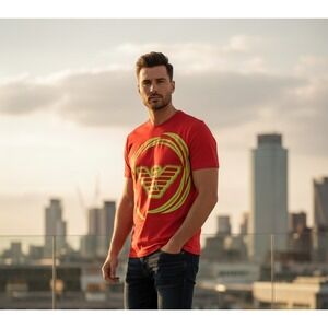 Armani Jeans (AJ) Pullover T-Shirt Men's Red Graphic Print Short Sleeve